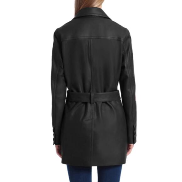 Badgley Mischka Lamb Leather Trench Coat Double Breasted Cognac Size S - Picture 3 of 3